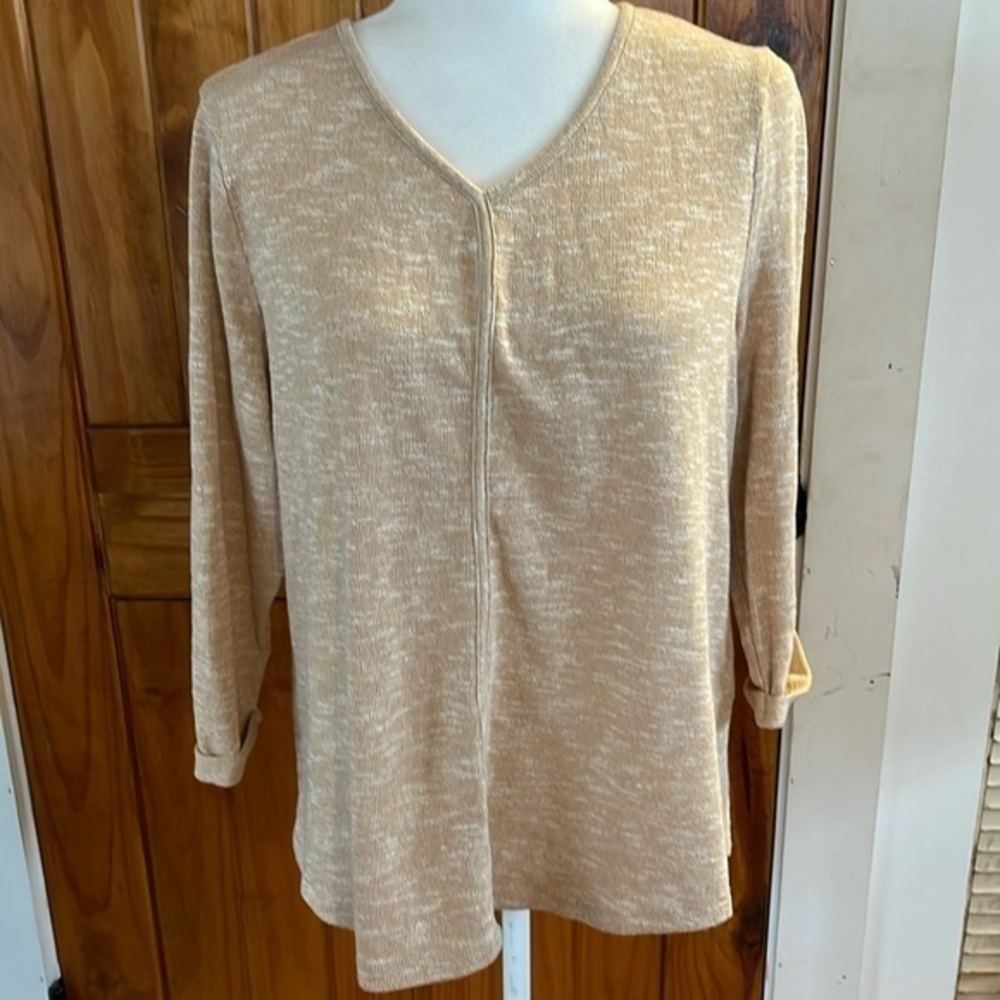 Chicos Tan Beige lightweight Sweater Knit V Neck 3/4 Sleeve Top cotton blend 2